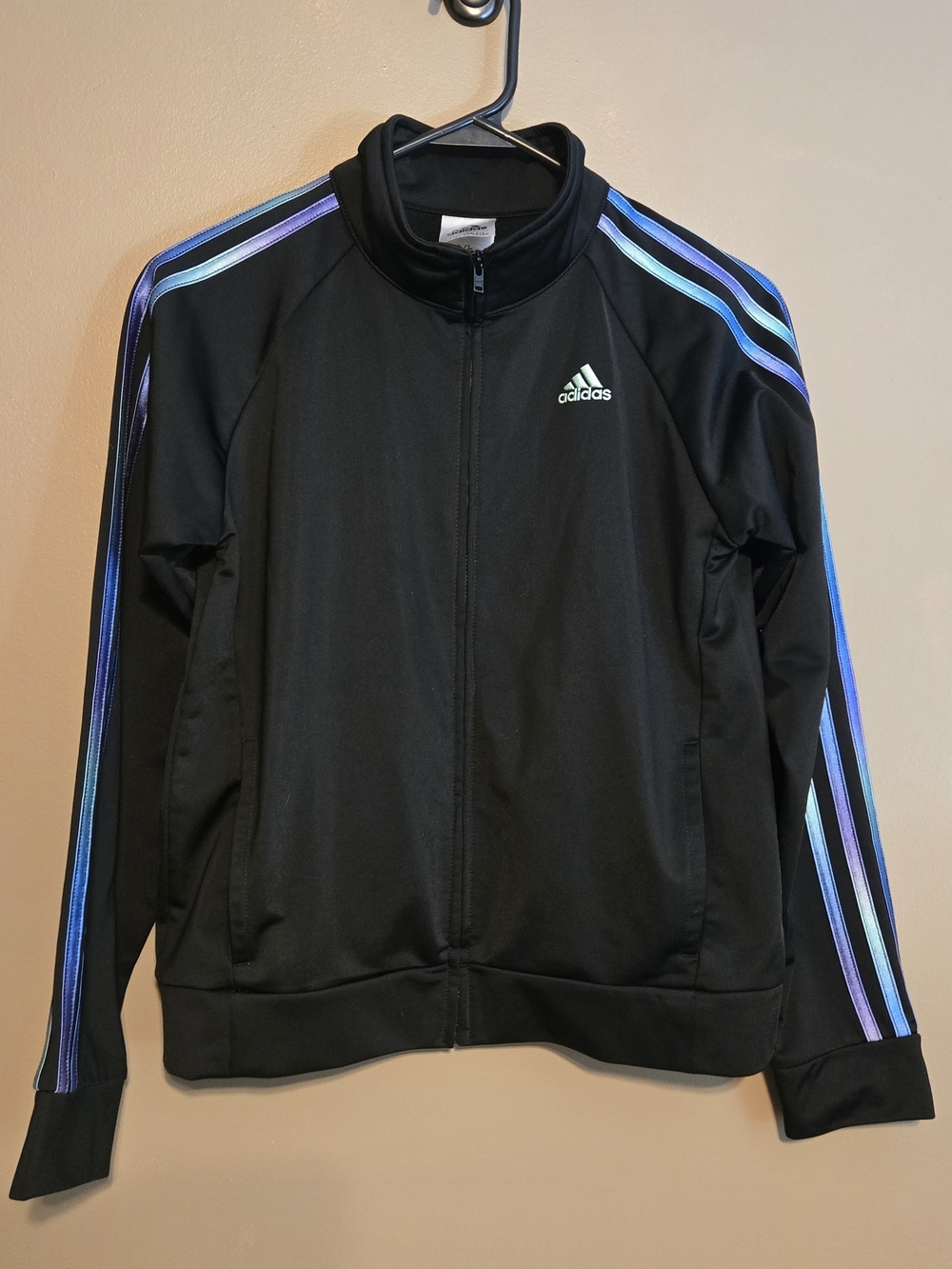 Adidas Black Track Jacket with Blue & Purple Accent Stripes